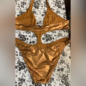 6WI NWT SKIMS Metallic Swim Halter 4x Monokini Penny Color